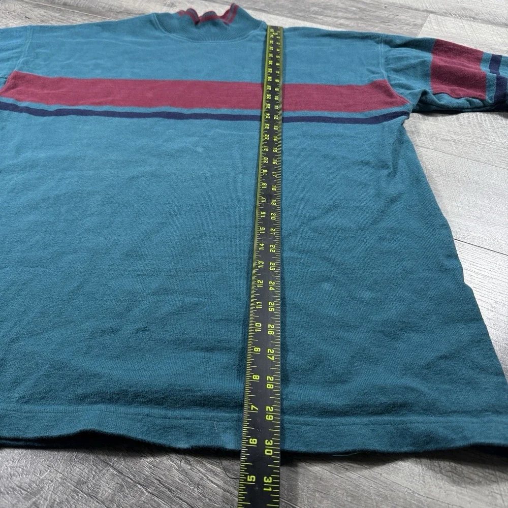 VNTG 80s LL Bean Large Green Blue Knit Sweater Pullover Mock Neck Made In USA
